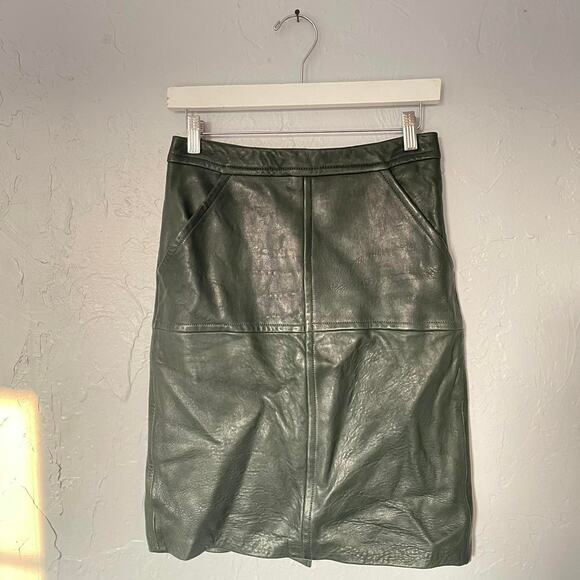 Forest Green Leather Yigal Azrouël Pencil skirt Dark Academia SOFT Lambskin sz s - Picture 1 of 6